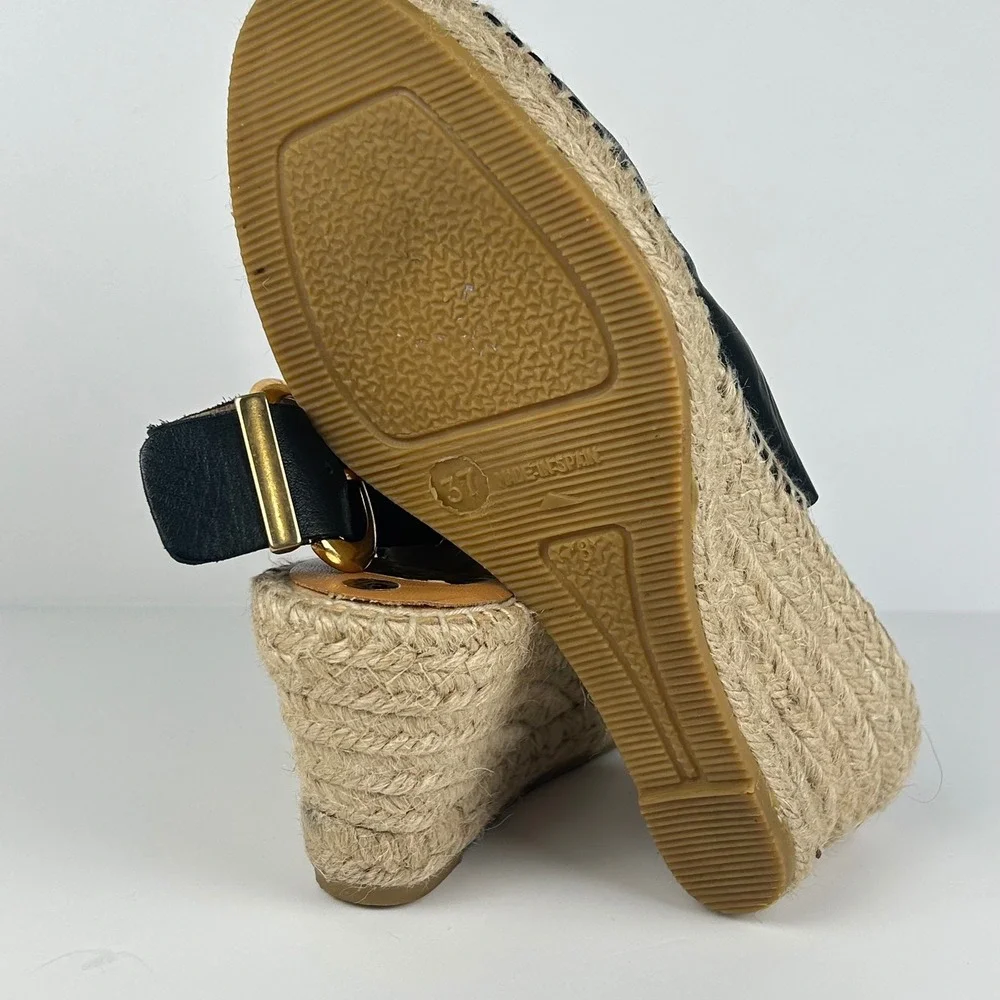 Kanna Black Leather Espadrille Wedge Sandals Gold Buckle Made in Spain Size 37